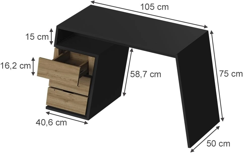 Scrivania Okaro, Antracite/quercia, 105 x 50 cm con 3 cassetti, adatto come postazione di lavoro per home office o camera dei ragazzi
