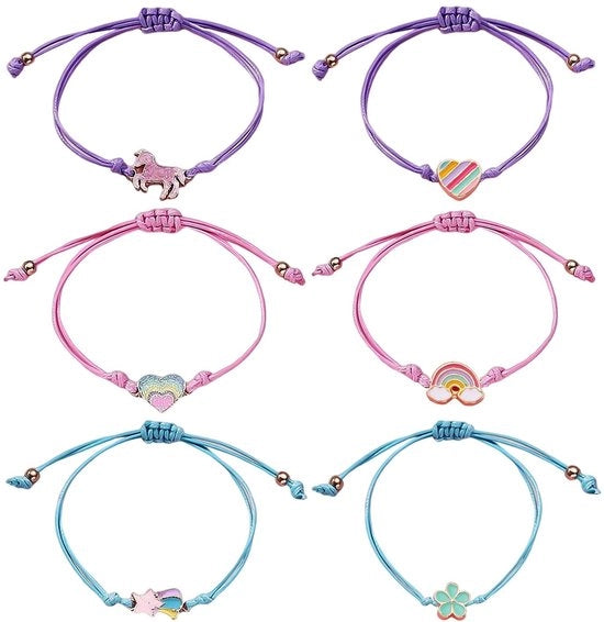 Set di bracciali per bambine 6 pezzi - Bracciali regolabili - Disegno arcobaleno/ippogrifo - Accessori per bambine - Set di bracciali alla moda - Corda resistente in lega/wax