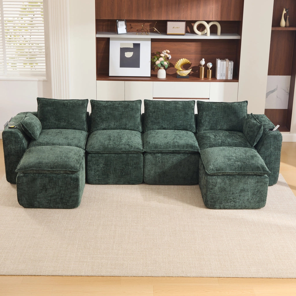 Divano modulare in ciniglia verde 322x161 cm con pouf HAVRYA