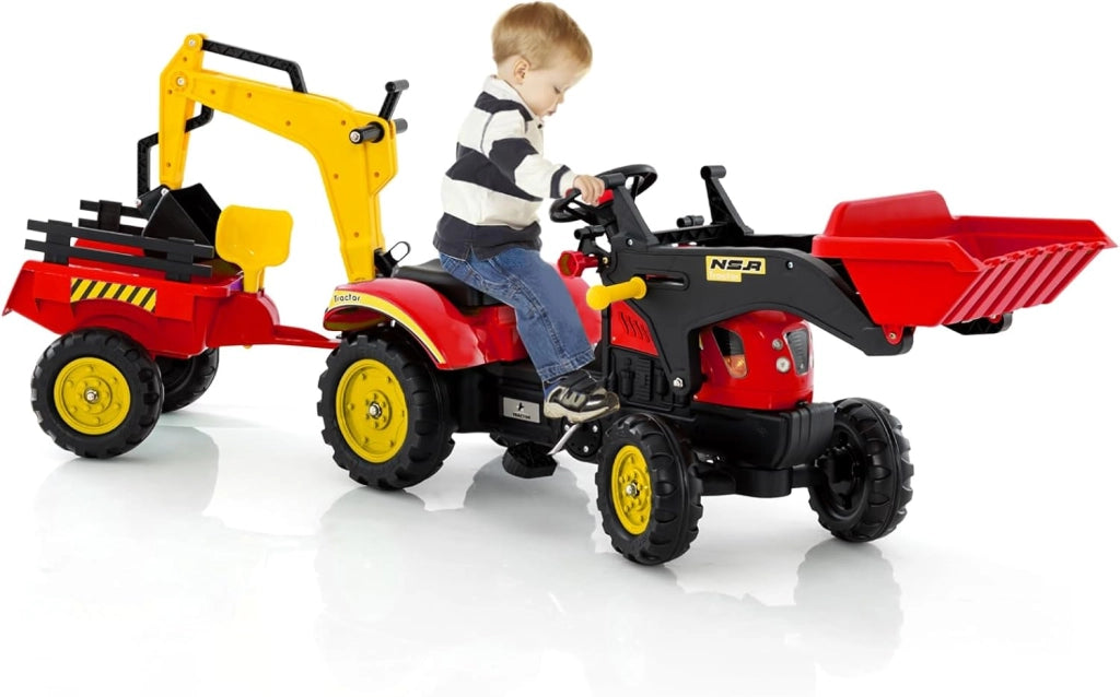 3 in 1 Escavatore per Bambini, Trattore con Rimorchio Staccabile Cavalcabile per Bambini, con 6 Ruote e 2 Benne, per 3-6 Anni (Rosso)