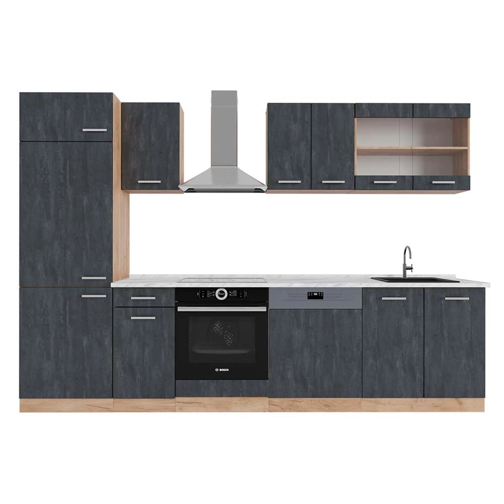 Vicco Cucina componibile Calcestruzzo nero/quercia dorata 300 cm PL Marmo