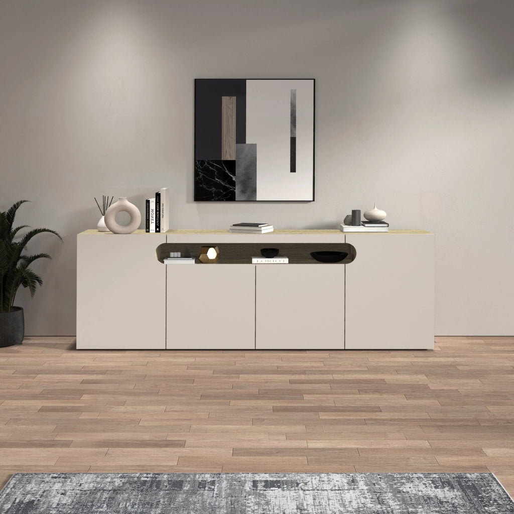 WHOUS Credenza Real con 4 ante e 1 vano aperto cashmere e rovere chiaro 200x40x80 cm