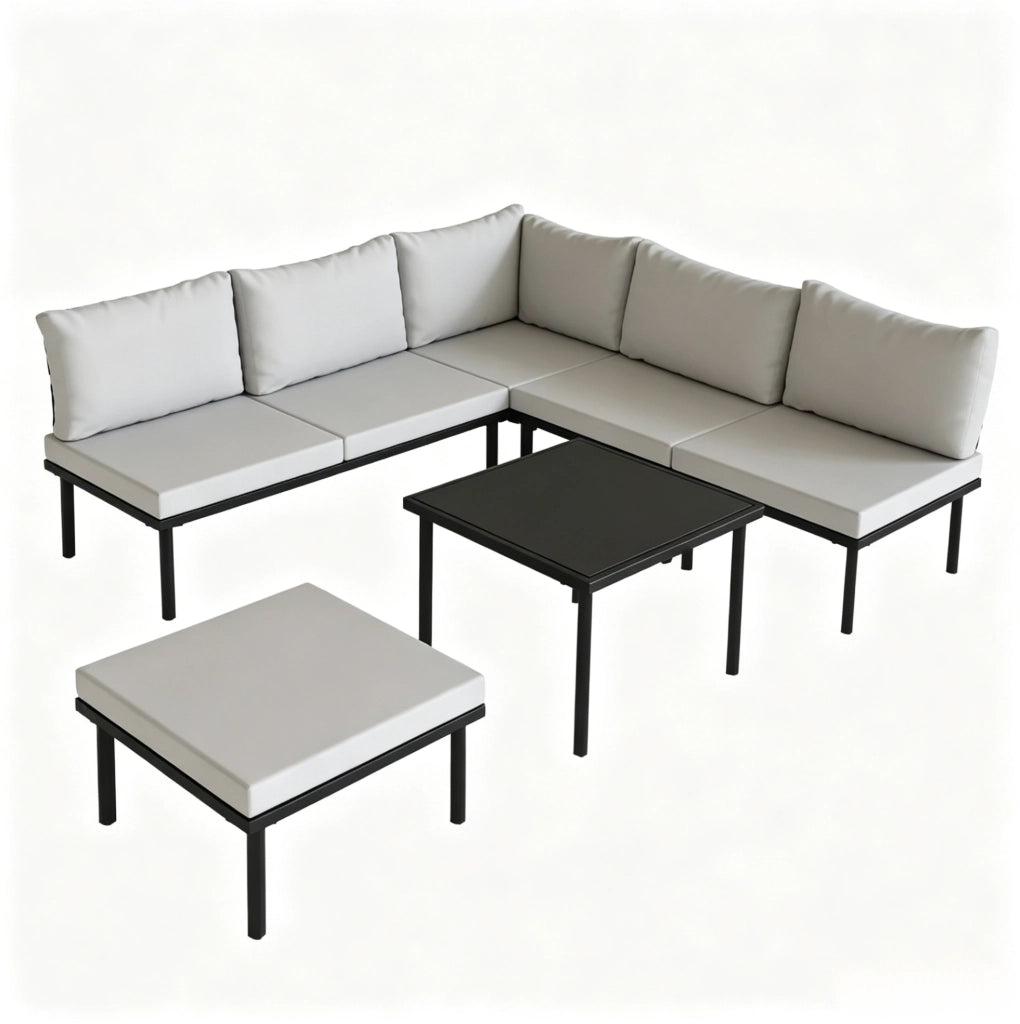 Set salotto da giardino modulare 6 pezzi con cuscini; tavolino in vetro temperato; nero e grigio chiaro
