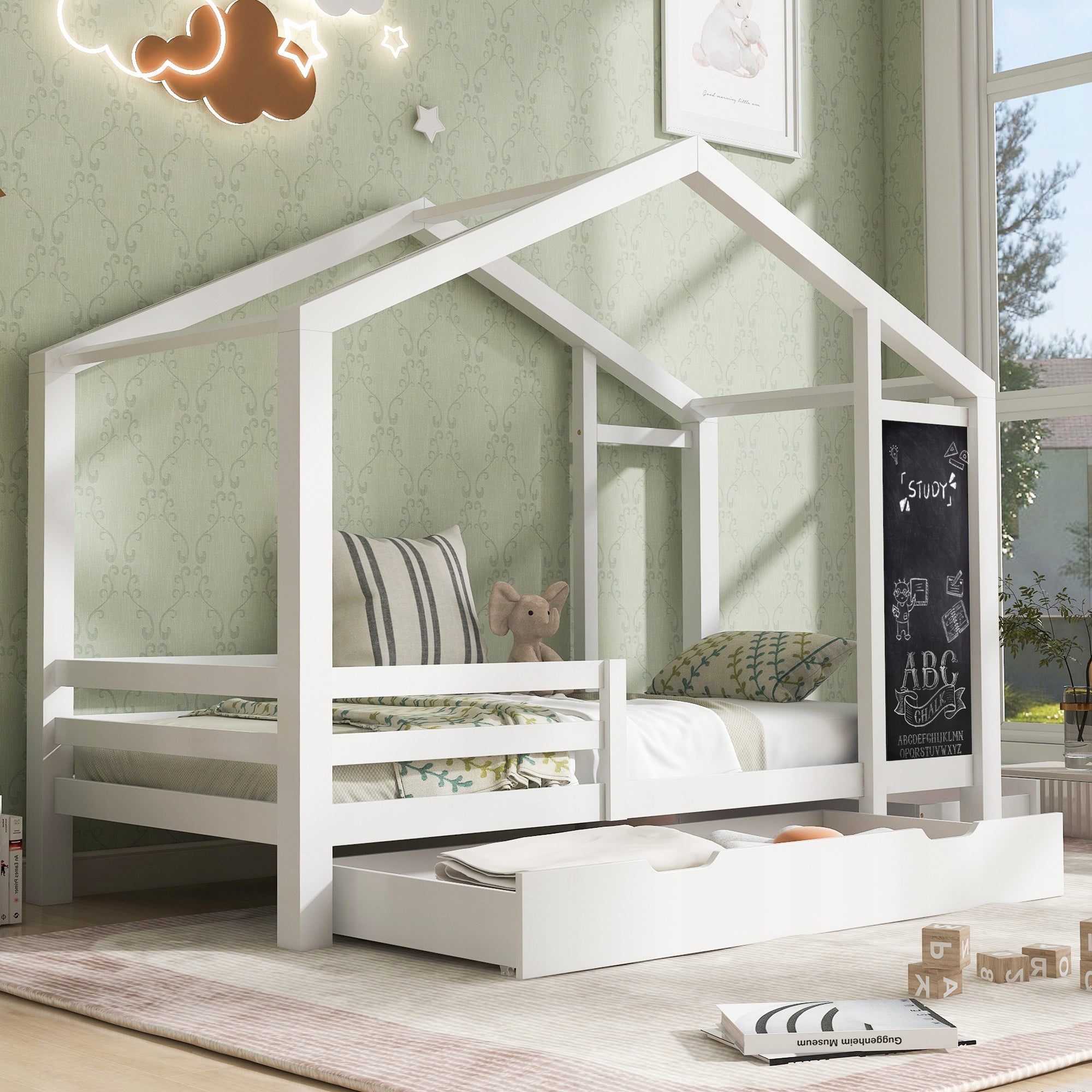 Letto singolo per bambini 90x200 - Xylo - Con lavagna e 2 cassetti, bianco senza materasso