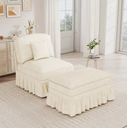 Poltrona lounge con pouf in chenille bianca; rivestimento con balza removibile e cuscino mobile