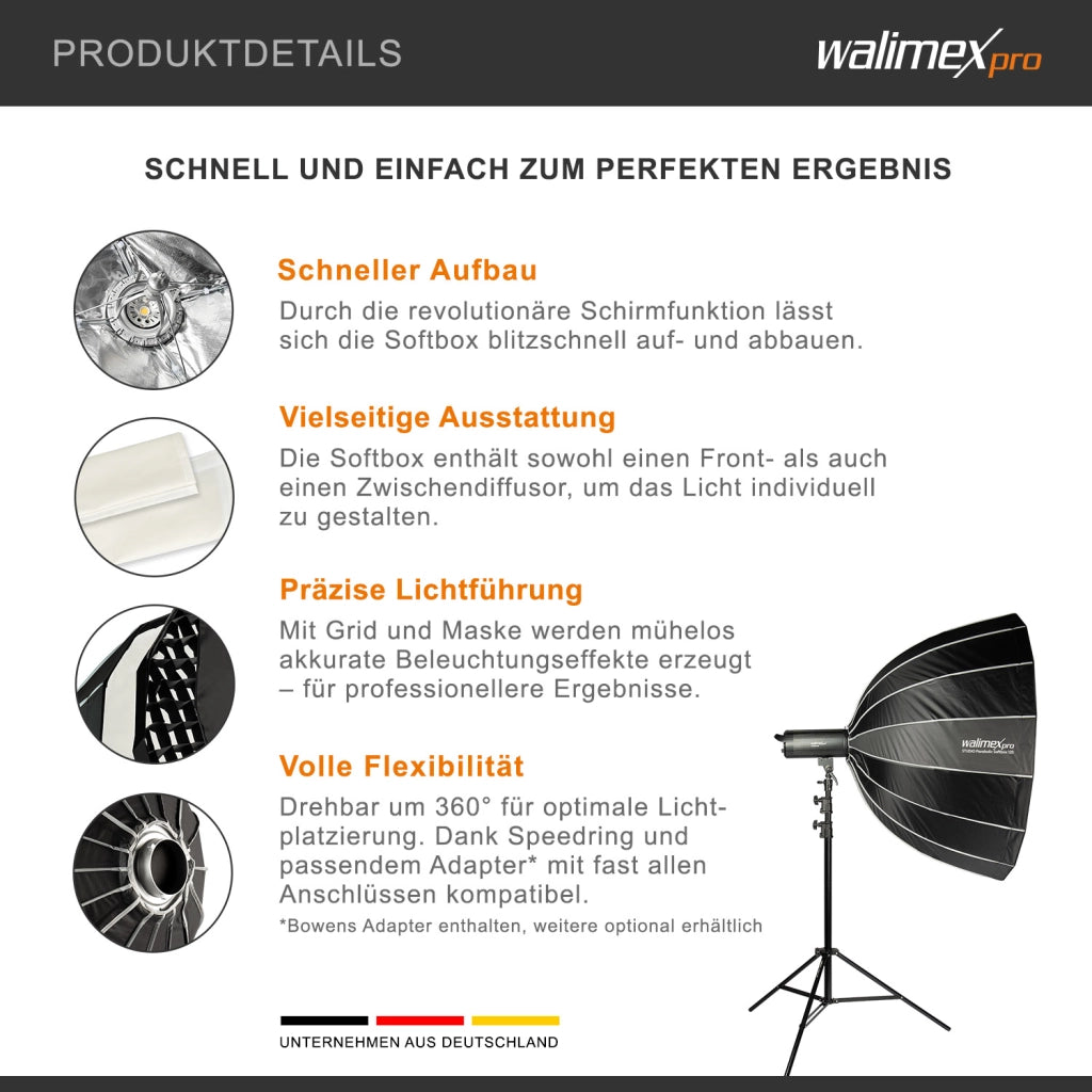 Studio Parabolic Softbox 120cm + adattatore softbox per Hensel Expert, ruotabile a 360°, facile da configurare grazie alla funzione ombrello, include griglia, maschera