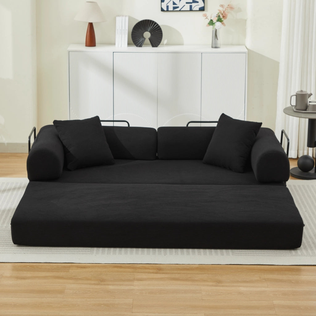 Divano letto trasformabile a 3 posti in velluto a coste nero 200x95x75 cm