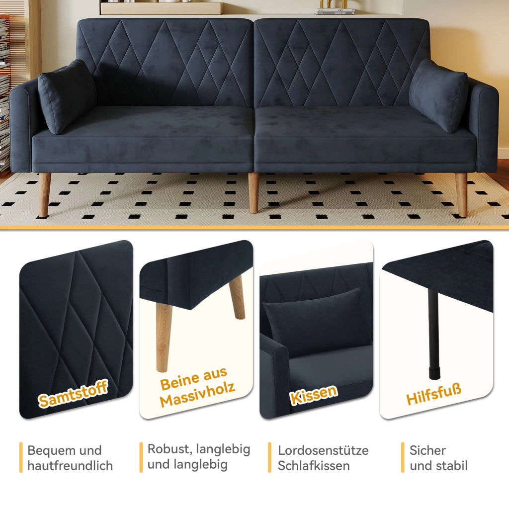 Divano Letto 2 Posti con Schienale Regolabile e Braccioli Regolabili in Velluto Nero 180 × 75 × 82 cm