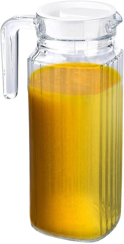 Bottiglia in Vetro Chiara per Porta Frigorifero con Coperchio - Decantatore Rifornibile per Succo, Acqua, Cocktail, Tè Freddo - 1,1 L