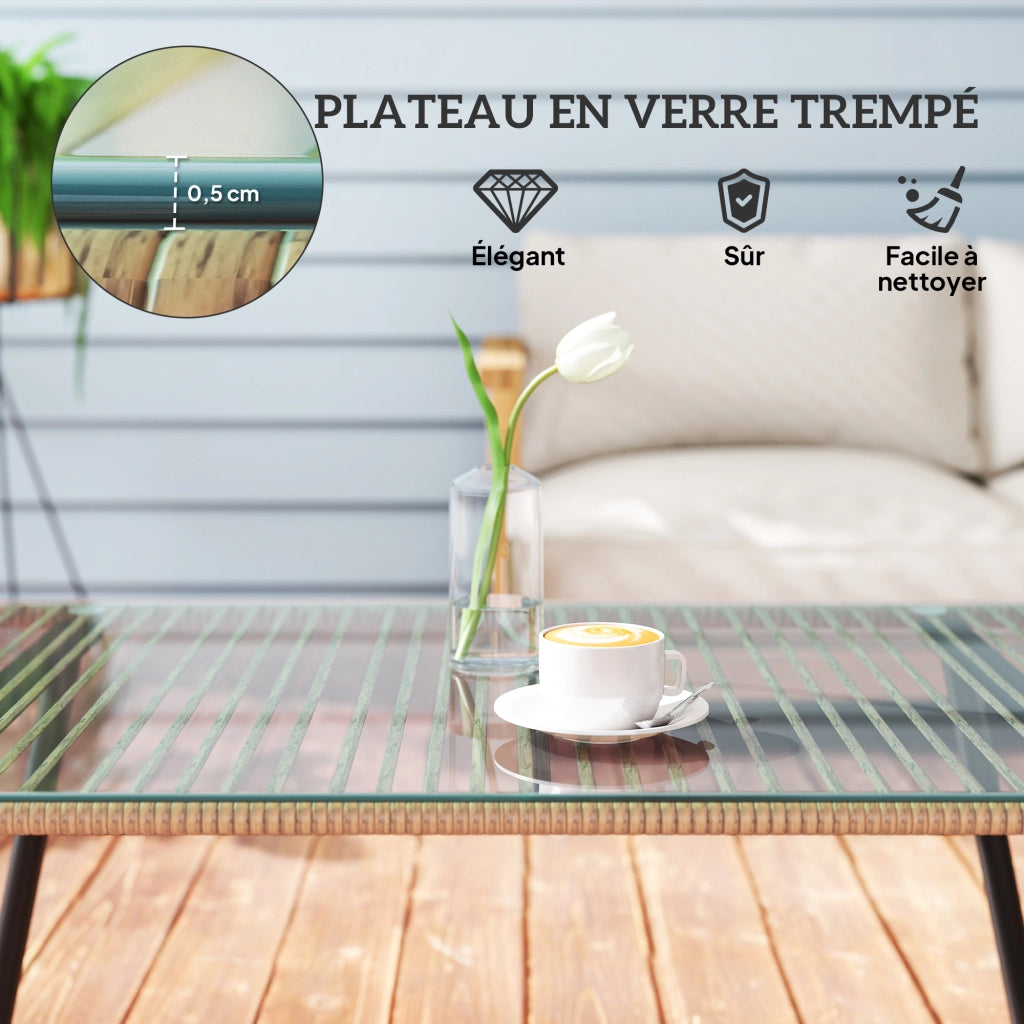 Tavolino da giardino con piano in vetro temperato ¨C Zephmum ¨C Bianco, acciaio, effetto legno