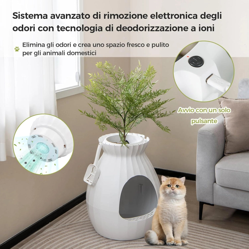 Lettiera per Gatti Smart con Rimozione Elettronica degli Odori e Sterilizzazione, Pianta Finta, Ciottoli, Tenda per la Porta, Paletta, Adatta per Gatti Grandi e Cuccioli (Bianco)