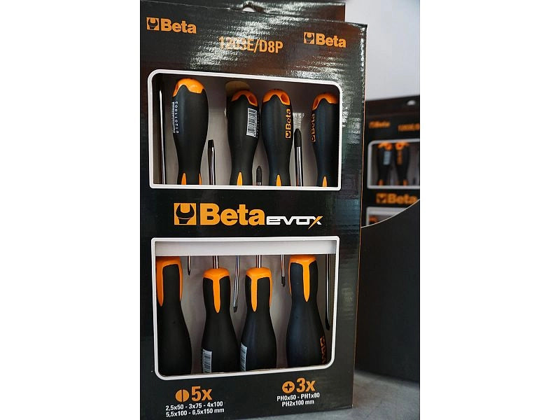 Set di 8 giraviti professionali Beta Evox 1203E/D8P con taglio piatto e croce Phillips