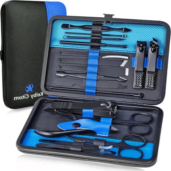 Kit di manicure professionale in acciaio inossidabile - 18 pezzi Kit di cura unghie con scatola - Viaggio - Nero Blu