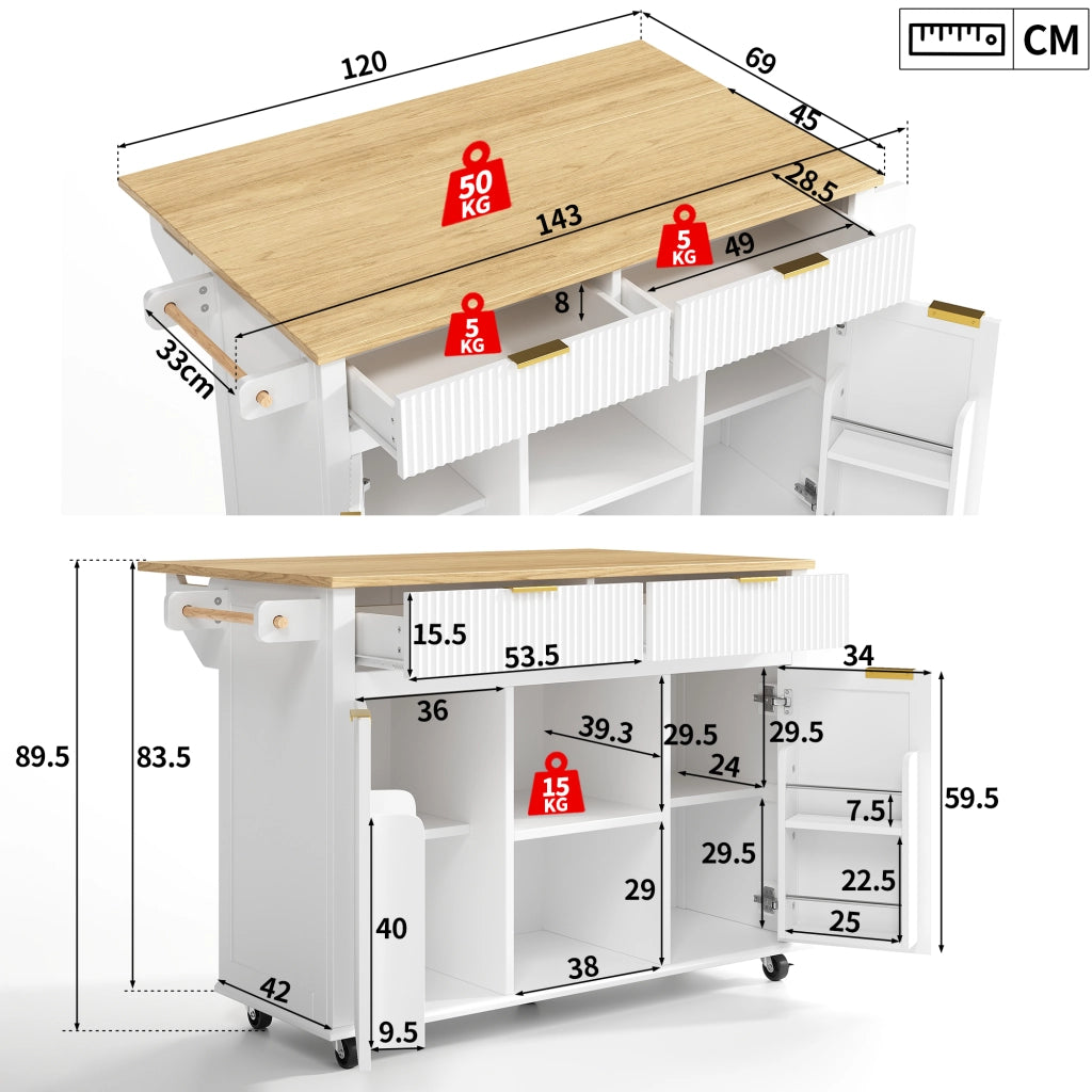 Isola da cucina su ruote 143 x 45 (69) cm con piano ribaltabile, 2 cassetti, 2 ante e vano porta spezie