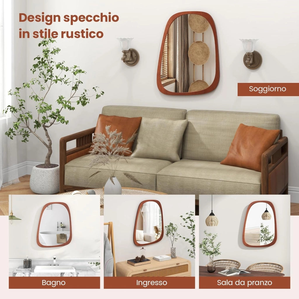 Specchio da Parete Irregolare 68 x 53,5 cm, Specchio Decorativo in HD con Cornice Rustica, Design Astratto, per Bagno Soggiorno Ingresso Sala da Pranzo (68 x 53,5 cm)
