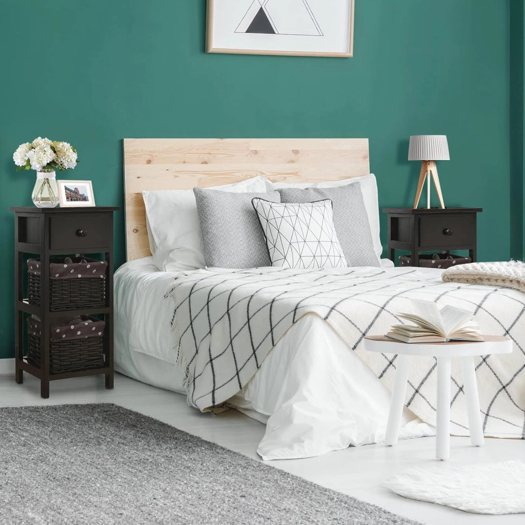 Set di 2 comodini, comodino, comodino con cassetto e 2 cestini, cassettiera antica, in legno massiccio, per camera da letto (nero, set da 2)