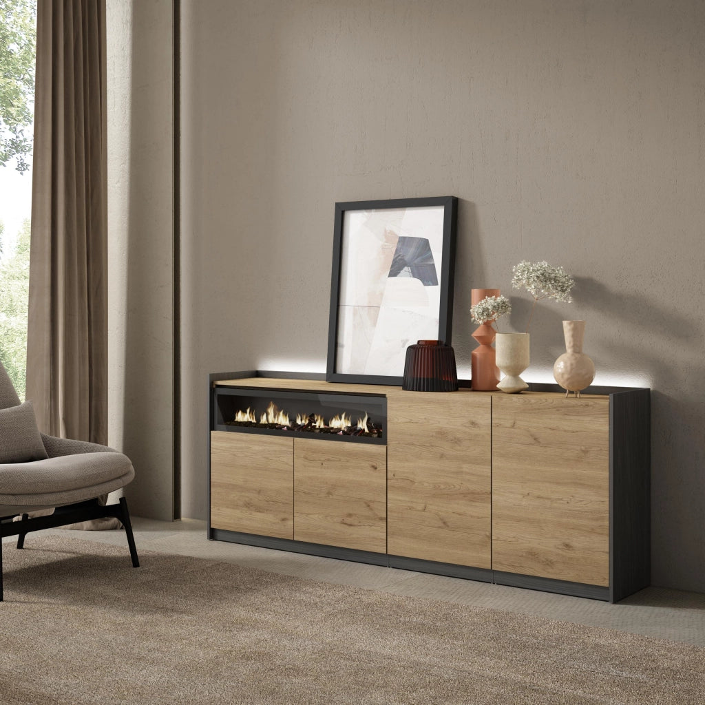 Credenza, Mobile, Cucina, 207x80x37 cm, 4 Porte, Camino elettrico, LED, Rovere e nero