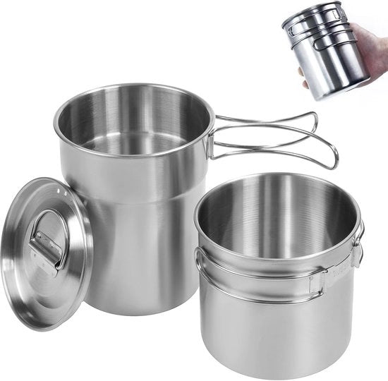 Set da Cucina da Campeggio RVS Opvouabile – Moka e Pentola da Campeggio con Coperchio a Venti – Attrezzatura da Cucina Leggera per Campeggio per Caccia e Outdoor