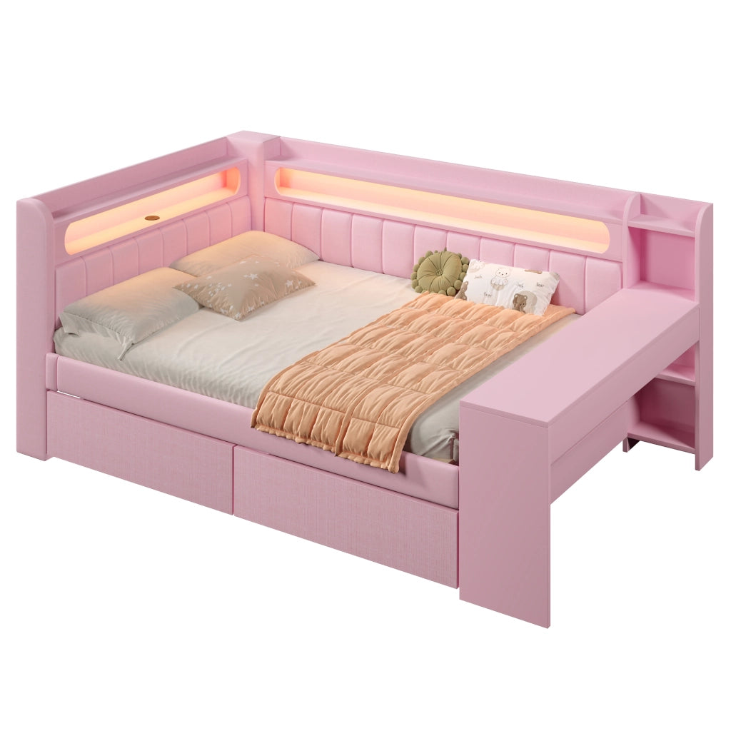 OKWISH Letto Divano 140 x 200 cm, Letto Matrimoniale con 2 Cassetti, USB, LED e Scrivania, senza Materasso, Rosa