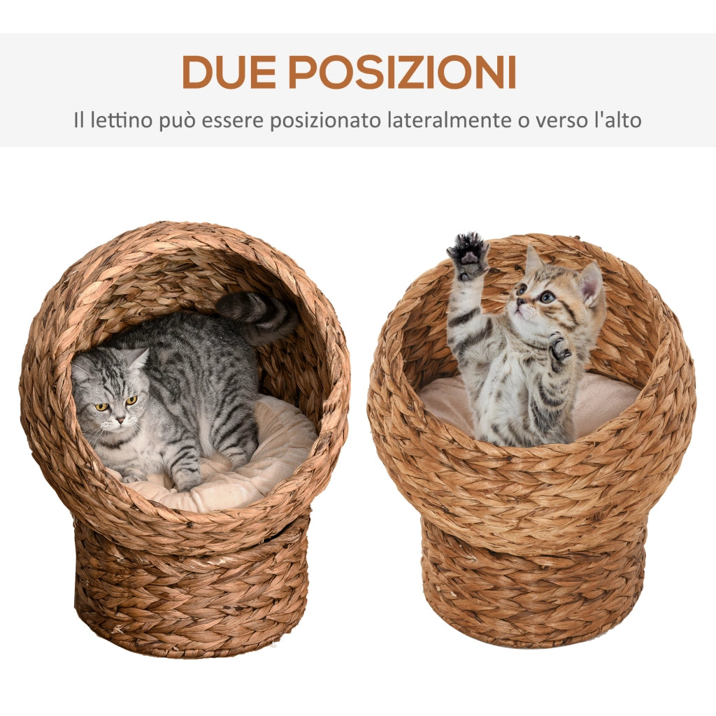 EasyComfort Cuccia Rialzata per Gatti in Vimini, con Cuscino in Cotone, Marrone e Bianco, 40x37x51 cm
