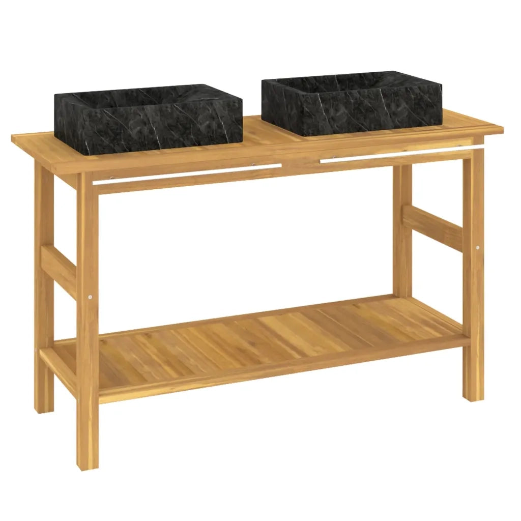 Mobile VanitÃ  Bagno e Lavandini Marmo Nero Legno Massello Teakcod mxl 101460