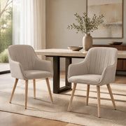 Sedia da Pranzo con Braccioli Integrati e Schienale Alto Ergonomico, Gambe in Legno, in Tessuto e Metallo, Cachi