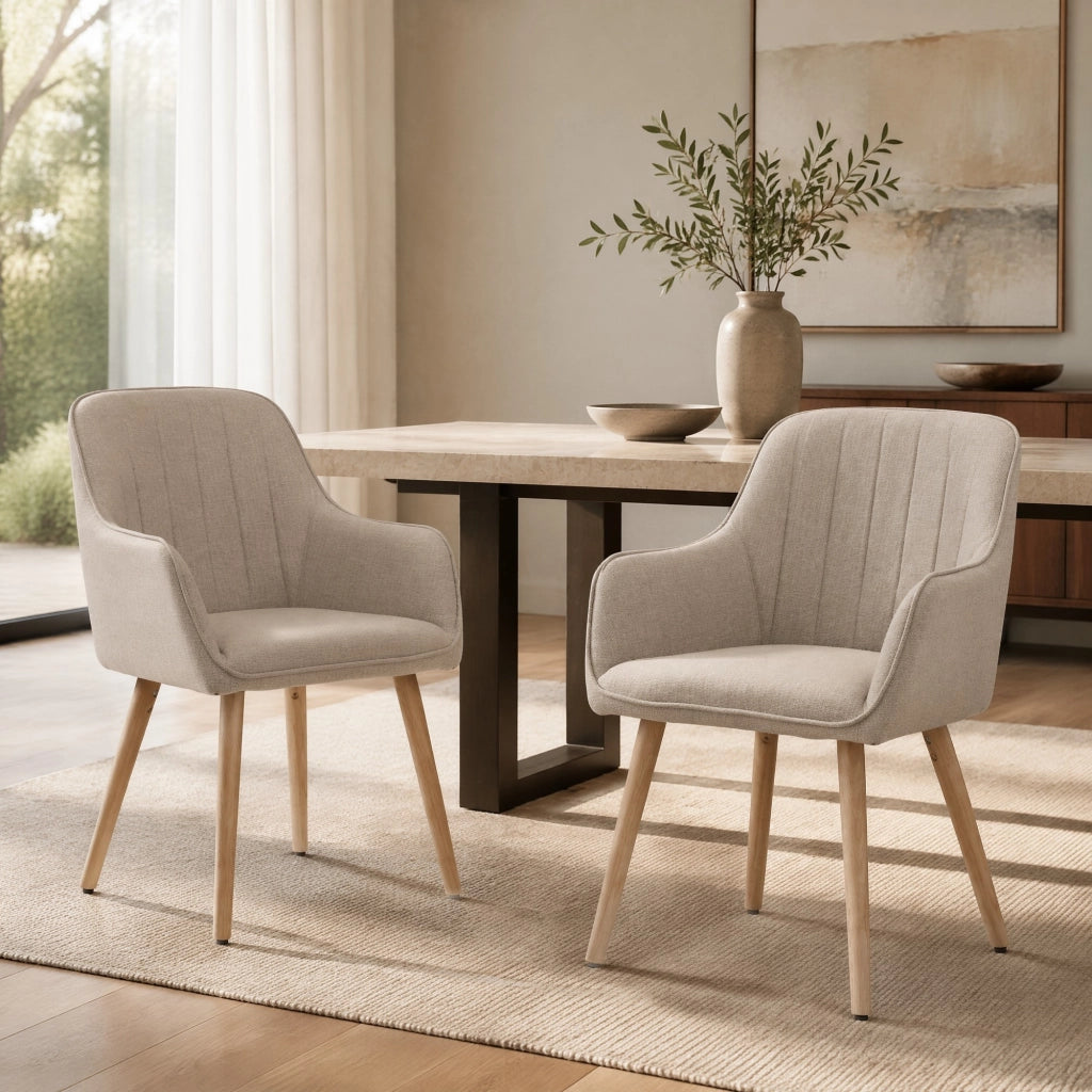 Sedia da Pranzo con Braccioli Integrati e Schienale Alto Ergonomico, Gambe in Legno, in Tessuto e Metallo, Cachi