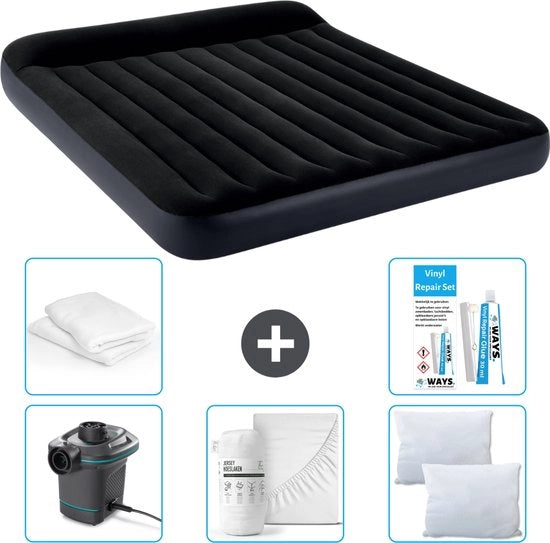 Lettino aeree 2 posti - 183 x 203 x 25 cm - Blu scuro - Incluso compressore - Coperte - Cuscini - Protezione cuscino e set di riparazione