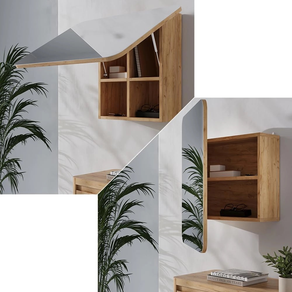 Specchio contenitore bagno Zino, Quercia dorata, 65 x 50 cm con ripiani