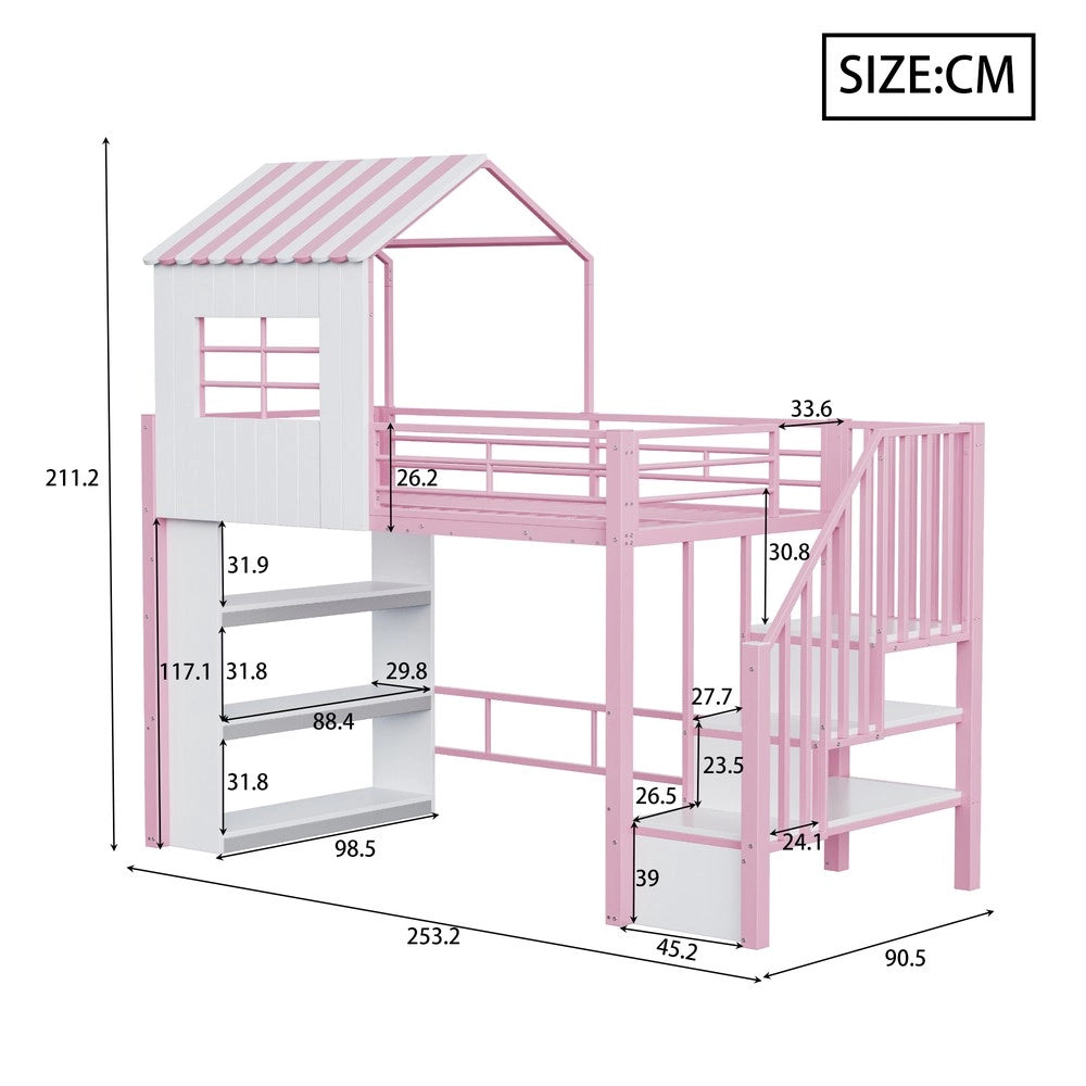 Letto a Soppalco Singolo in Metallo con Scala e Ripiani ¨C Xylo ¨C Rosa 90x200