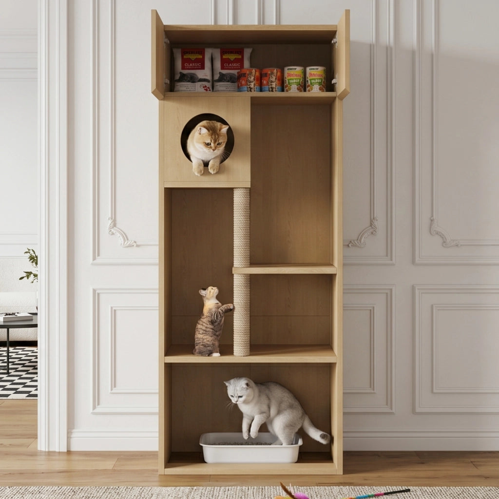Mobile contenitore per gatti con tiragraffi in sisal; cuccia rotonda e vano chiuso con ripiani; in MDF; 80×45×193 cm