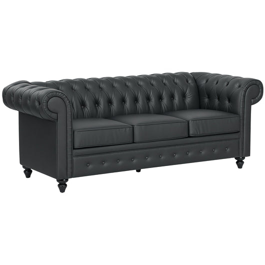 Divano 3 Posti Stile Chesterfield 213x86x79 cm a Molle Insacchettate in Finta Pelle Nero