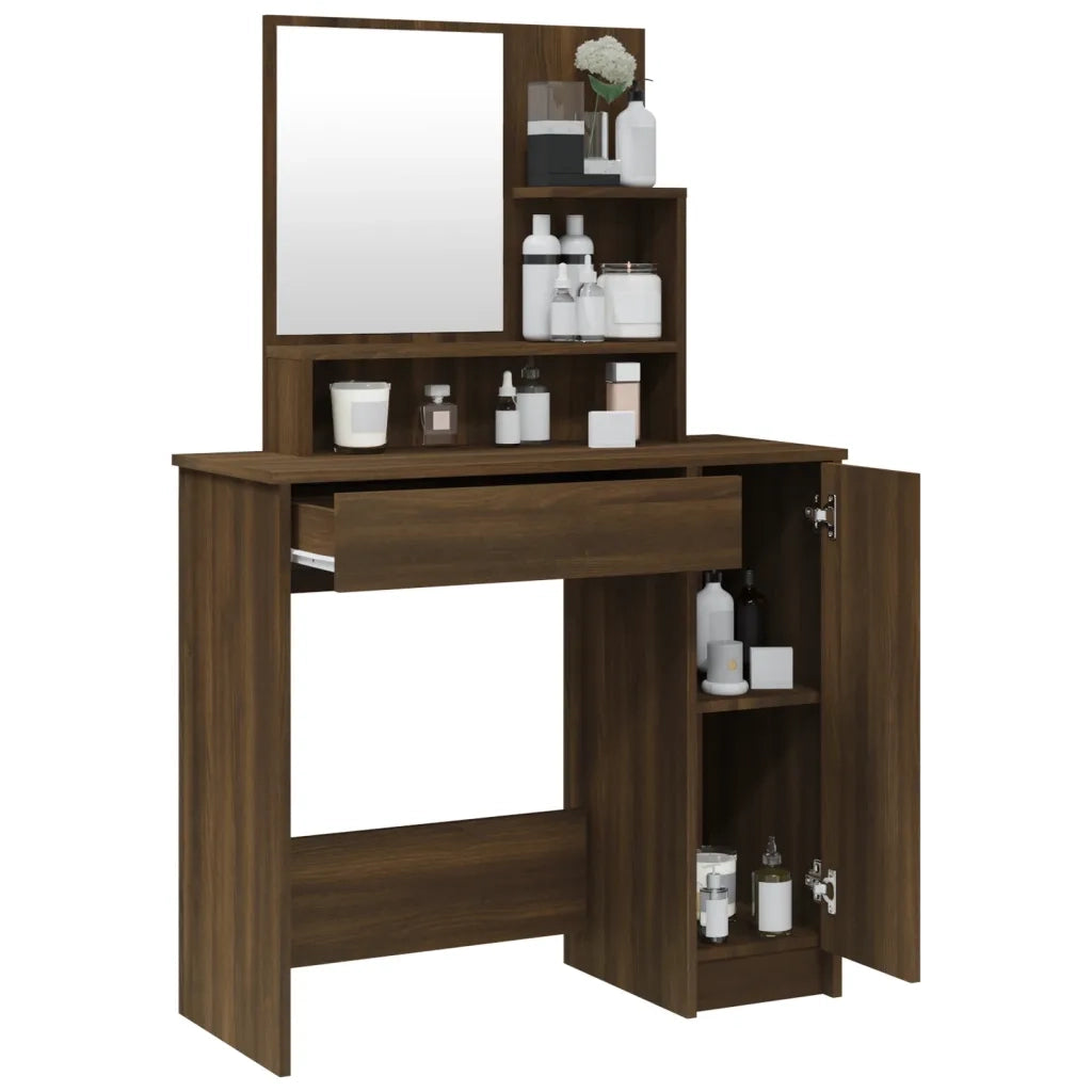 Toeletta con Specchio-Com¨°-Tavolo da trucco Rovere Marrone 86,5x35x136 cm
