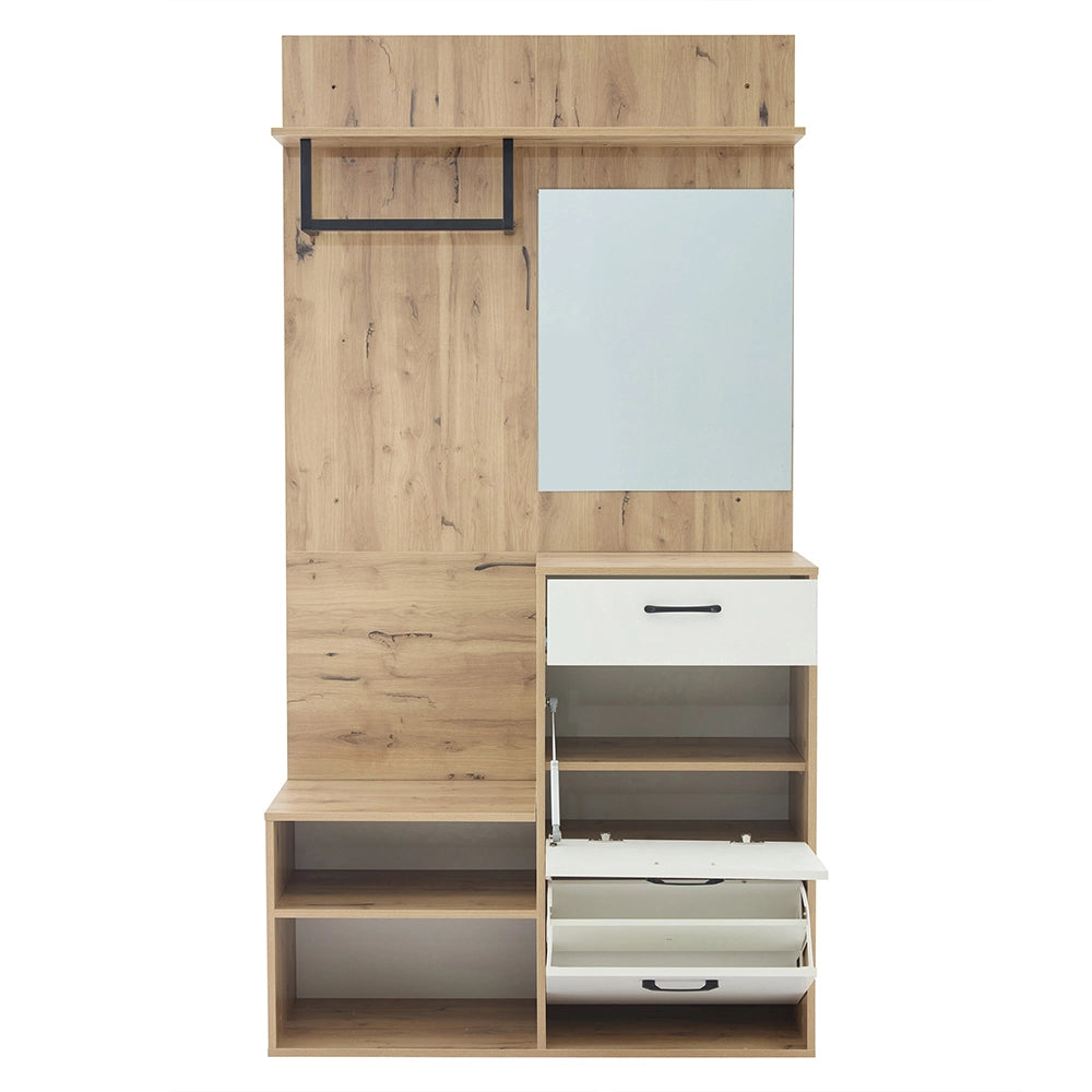 Vestiaire con specchio e panchina - Xylo - 100x38,5x190 cm - Bianco e legno naturale - Compatto, con cassetto e 2 armadi, ampio spazio
