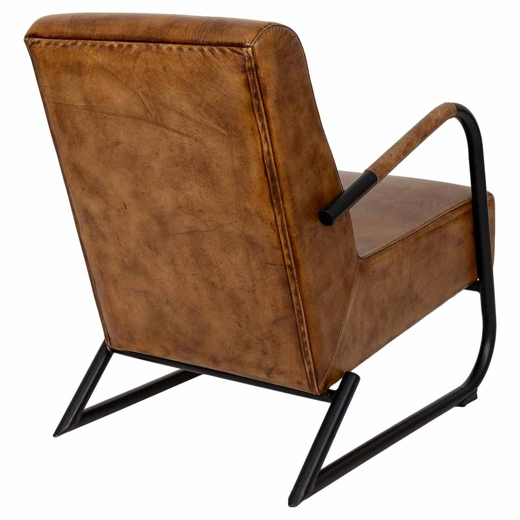 Poltrona in metallo rivestita in pelle marrone, dimensioni 61x70x84 cm