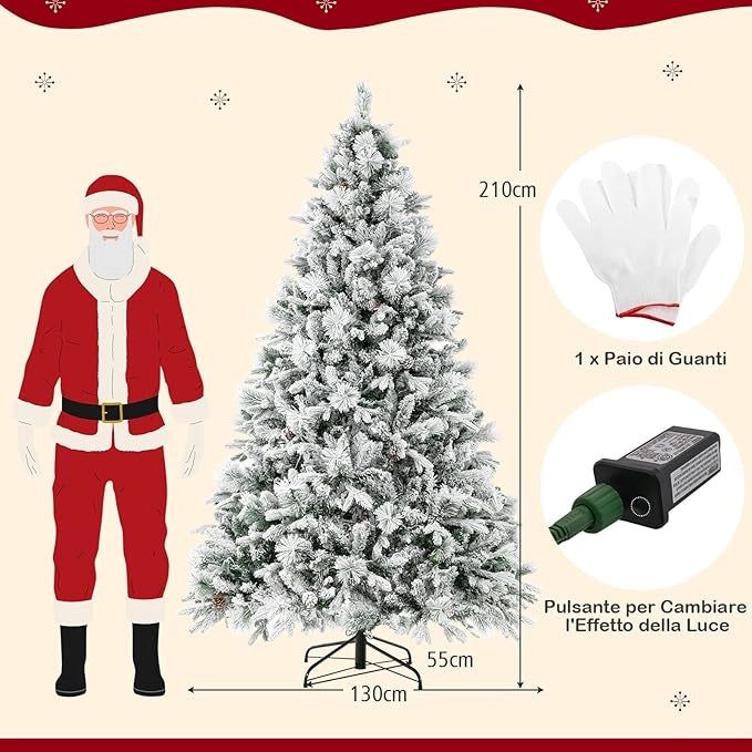 Albero di Natale Innevato 136/180/210 cm, Albero di Natale con 160/240/320 Luci LED, 472/850/1270 Rami di PE e PVC, 26/34/40 Pigne, Aghi di Pino e 8 Modalità di Illuminazione (210 CM)