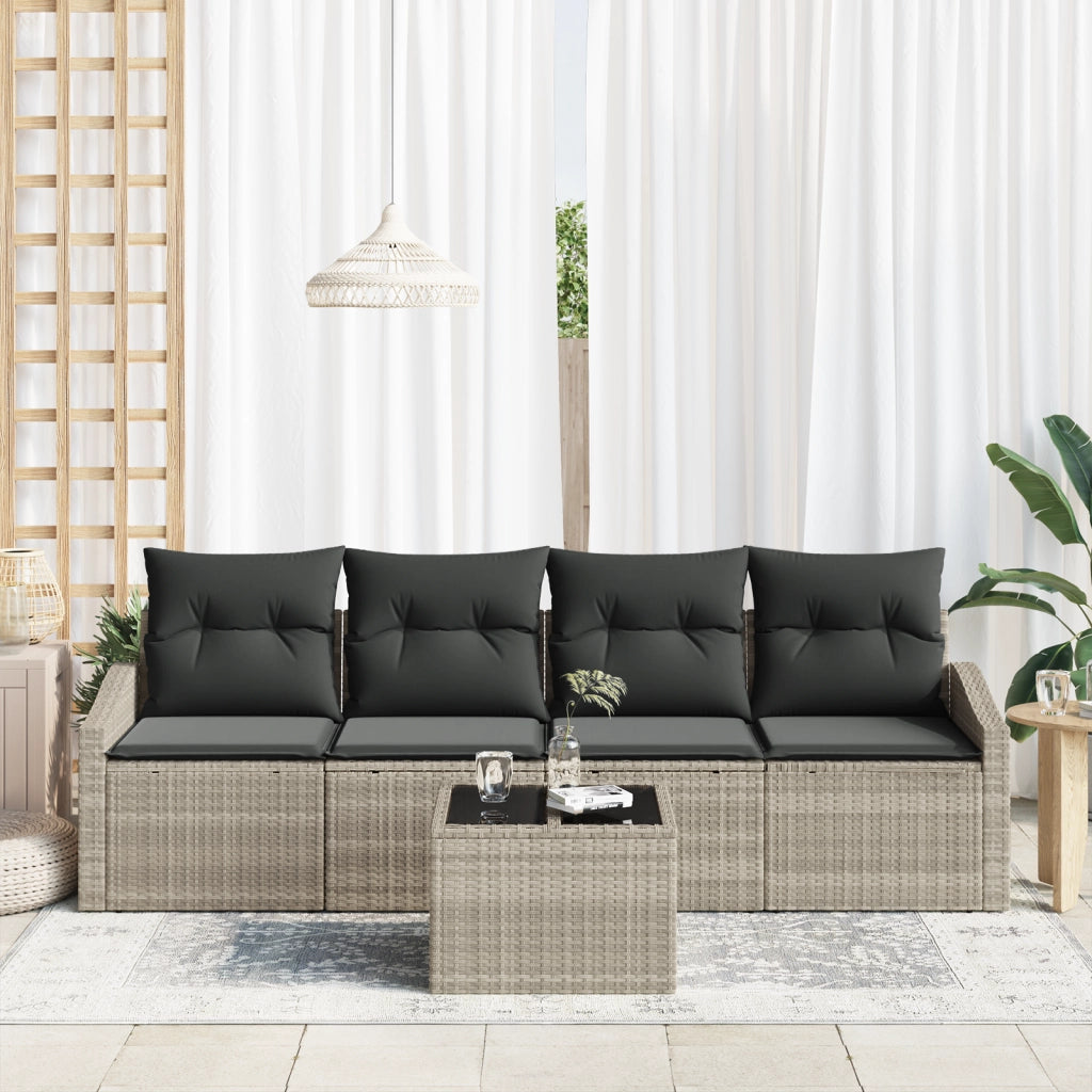 Set da pranzo da giardino 5 pezzi con cuscini grigio chiaro in polyrattan