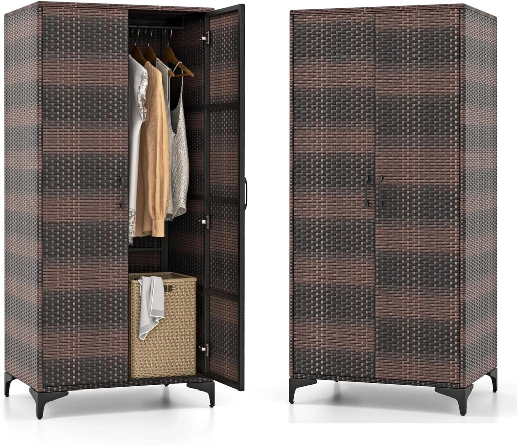 Armadio da giardino in rattan, con 5 ripiani e mensola sospesa, armadio per attrezzi con doppie porte, 72 x 50 x 157 cm (marrone misto)