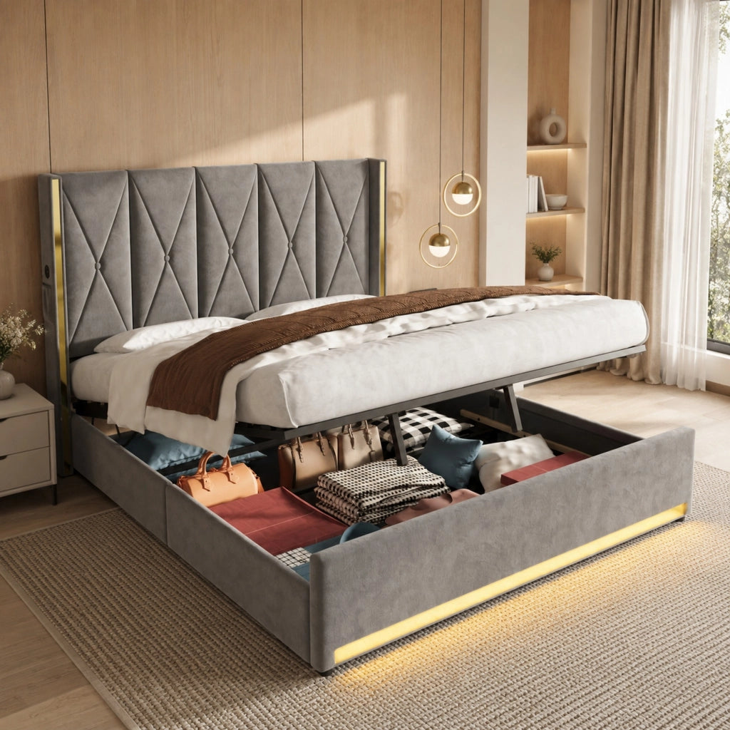Letto matrimoniale 180x200 cm in velluto grigio scuro con testiera alta; LED; USB e contenitore