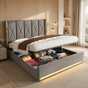 Letto matrimoniale 180x200 cm in velluto grigio scuro con testiera alta; LED; USB e contenitore