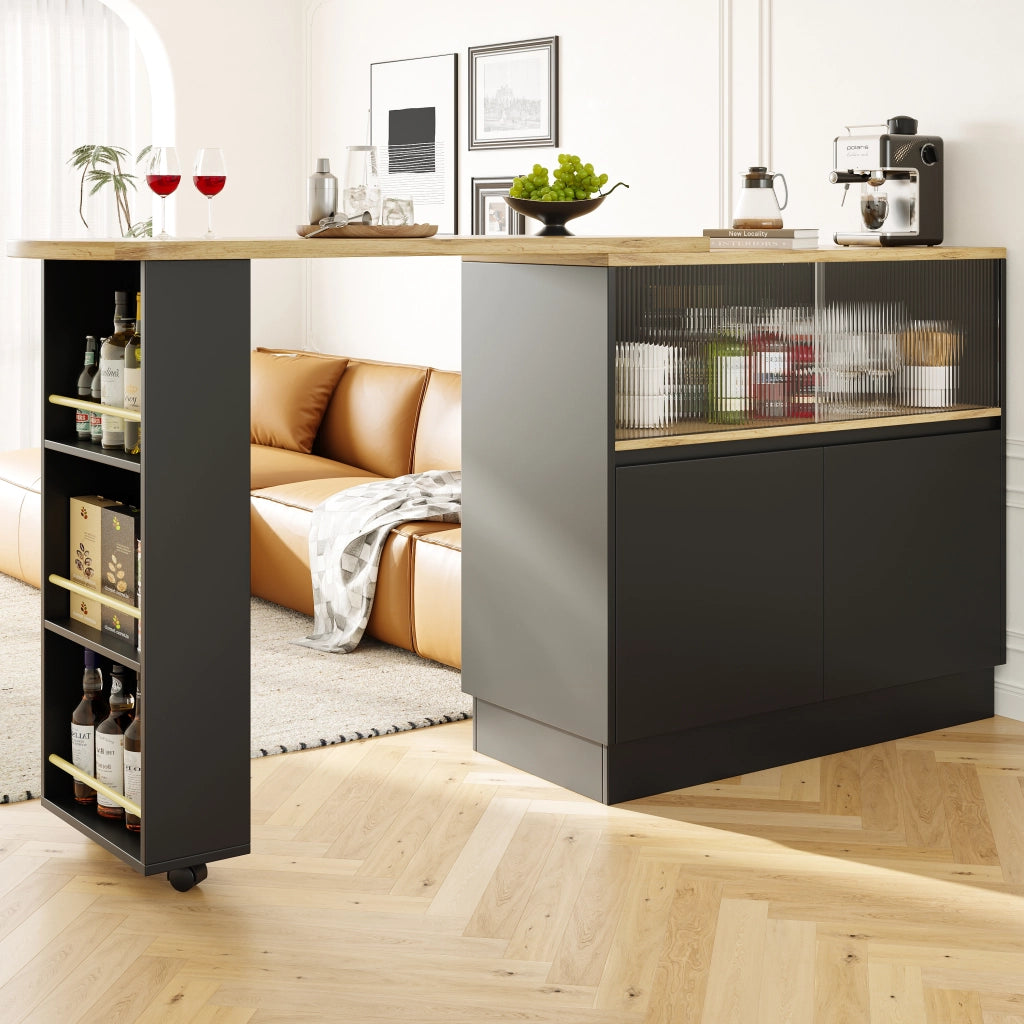 Mobile Bar Girevole a 360° con Ripiani Aperti e Anta Scorrevole in Vetro per Cucina e Sala da Pranzo in MDF Nero