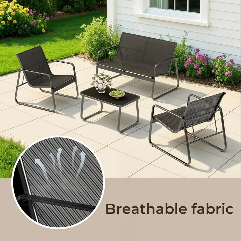 Set da Giardino 4 Pezzi, Mobili da Esterno in Tessuto Teslin, Salotto da Patio con 2 Poltrone, 1 Divano Doppio e 1 Tavolino in Vetro, per Giardino, Balcone e Terrazza (4pcs Set)