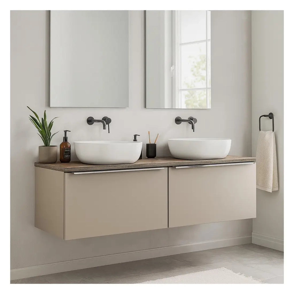 Set da bagno VANTA taupe: mobili sotto lavabo 160cm + piano lavabo + 2 lavabi da appoggio