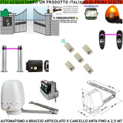Cancello Elettrico Kit Motore a Braccio Articolato 220/24 V Anta da 0,5 a 2,5 MT Elettroserratura Accendiluci 5 Radiocomandi Faro Selettore 2 Paline 2 Fotocellule