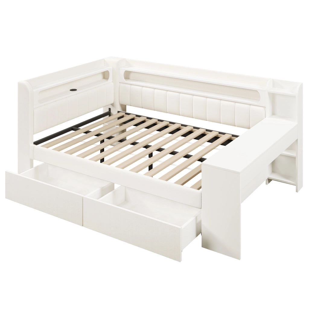 Letto daybed 140x200 cm con LED; porte USB; scrivania integrata e 2 cassetti; bianco
