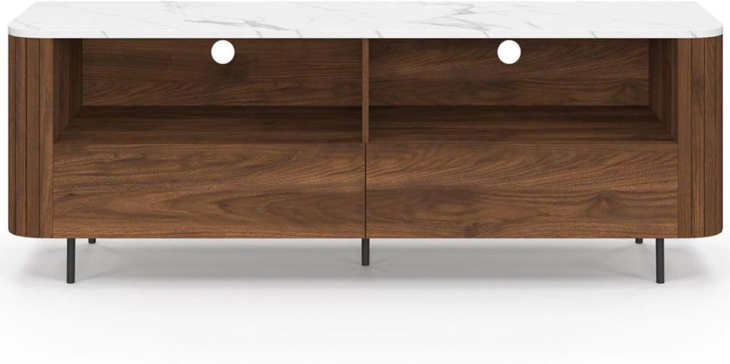 140 cm MARLA mobile TV effetto doghe in noce con 2 cassetti e piano in marmo bianco ALASKA