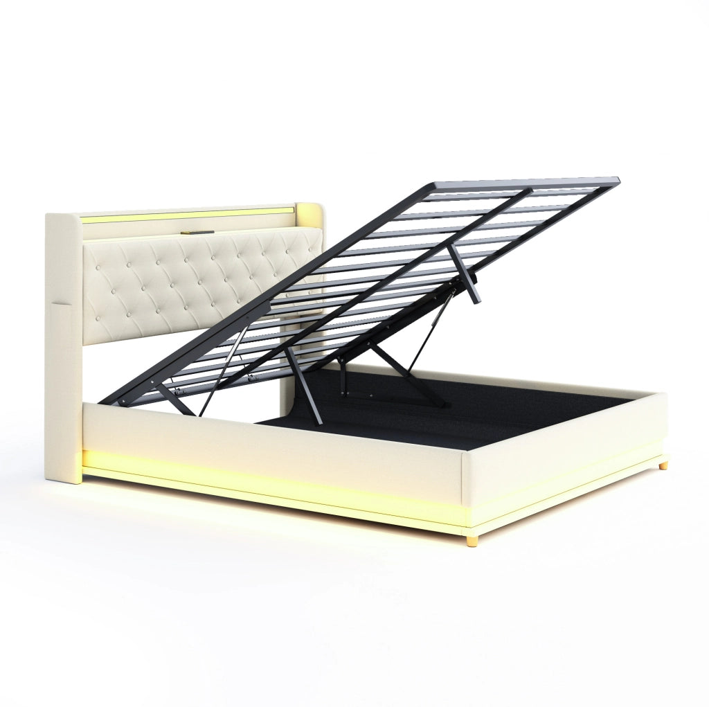 Letto imbottito 160x200 cm con LED, USB e contenitore idraulico