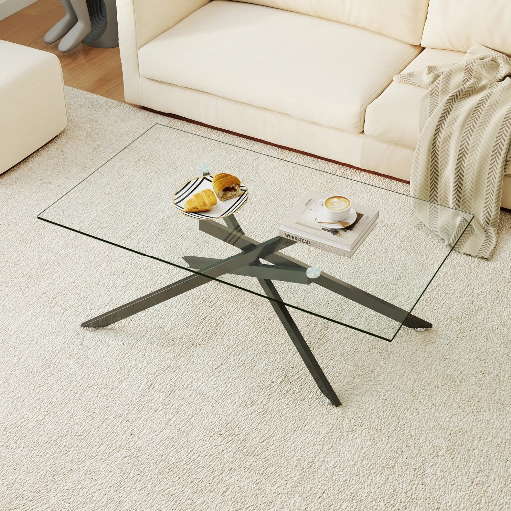 Tavolino basso in vetro temperato con struttura in metallo nero per soggiorno moderno rettangolare 120 × 60 × 46 cm