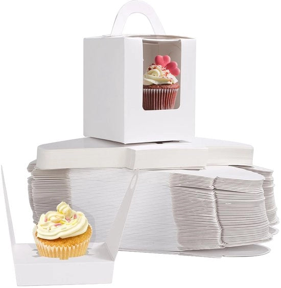Cupcake-doos in cartone con finestra e maniglia, 100 pezzi, da utilizzare singolarmente, per feste di compleanno, Natale, eventi, bianche