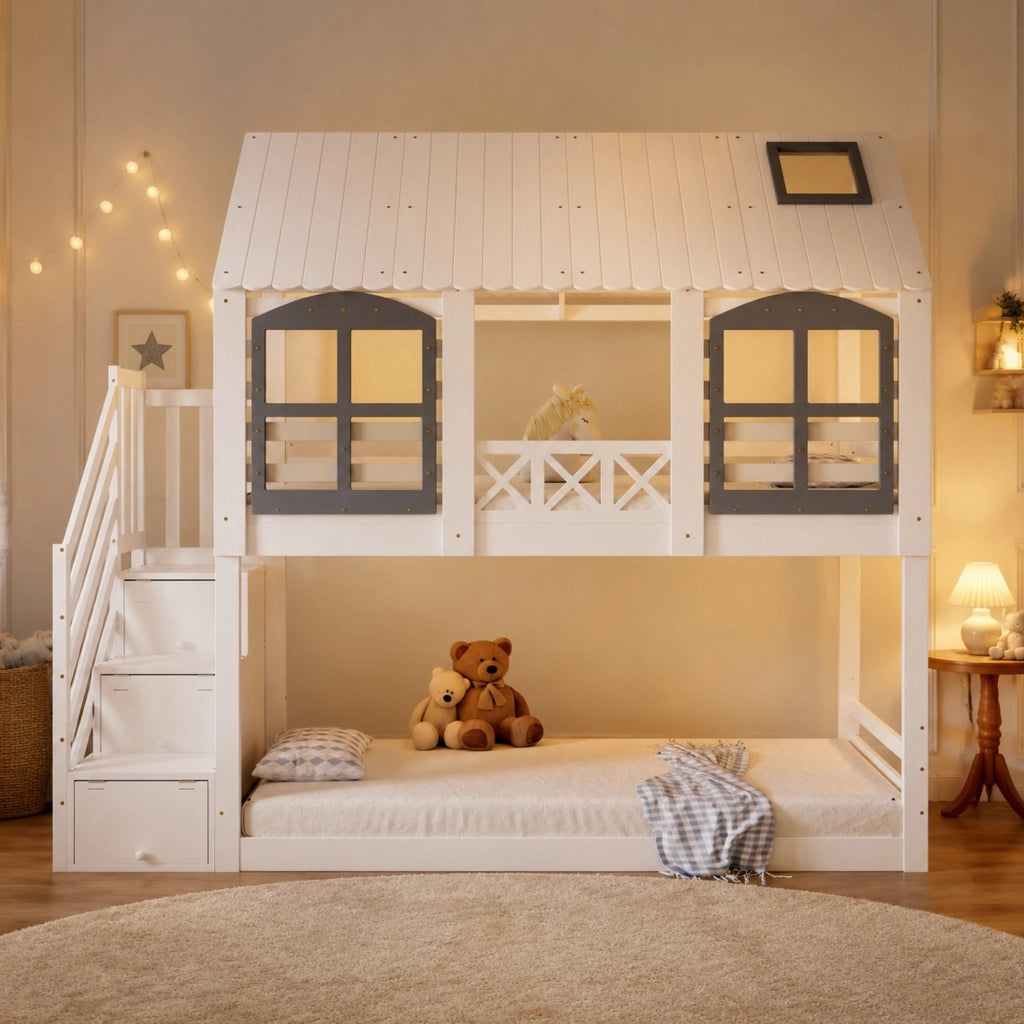 Letto a castello per bambini con scala contenitore 90x200 cm